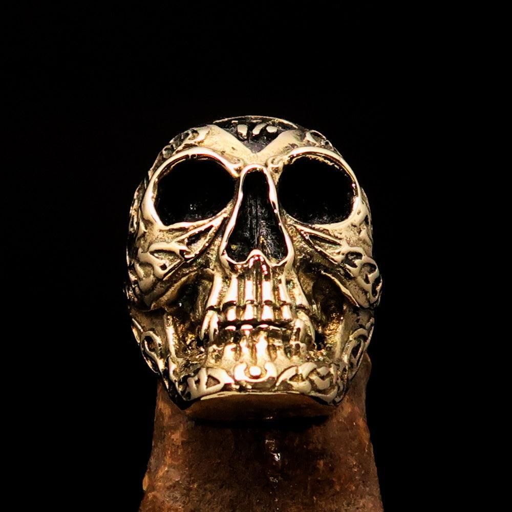 Excellent crafted Men's 1% Runes Skull Outlaw Biker Ring - antiqued Brass