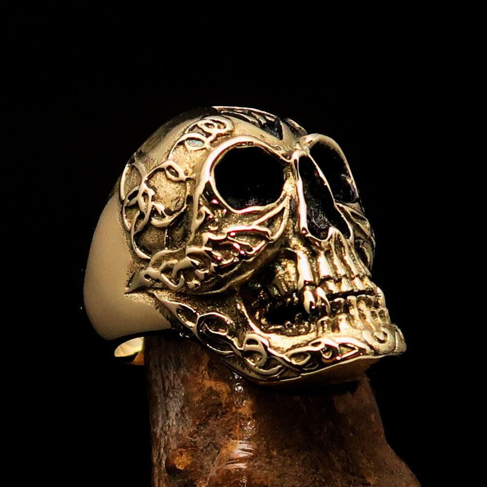 Excellent crafted Men's 1% Runes Skull Outlaw Biker Ring - antiqued Brass