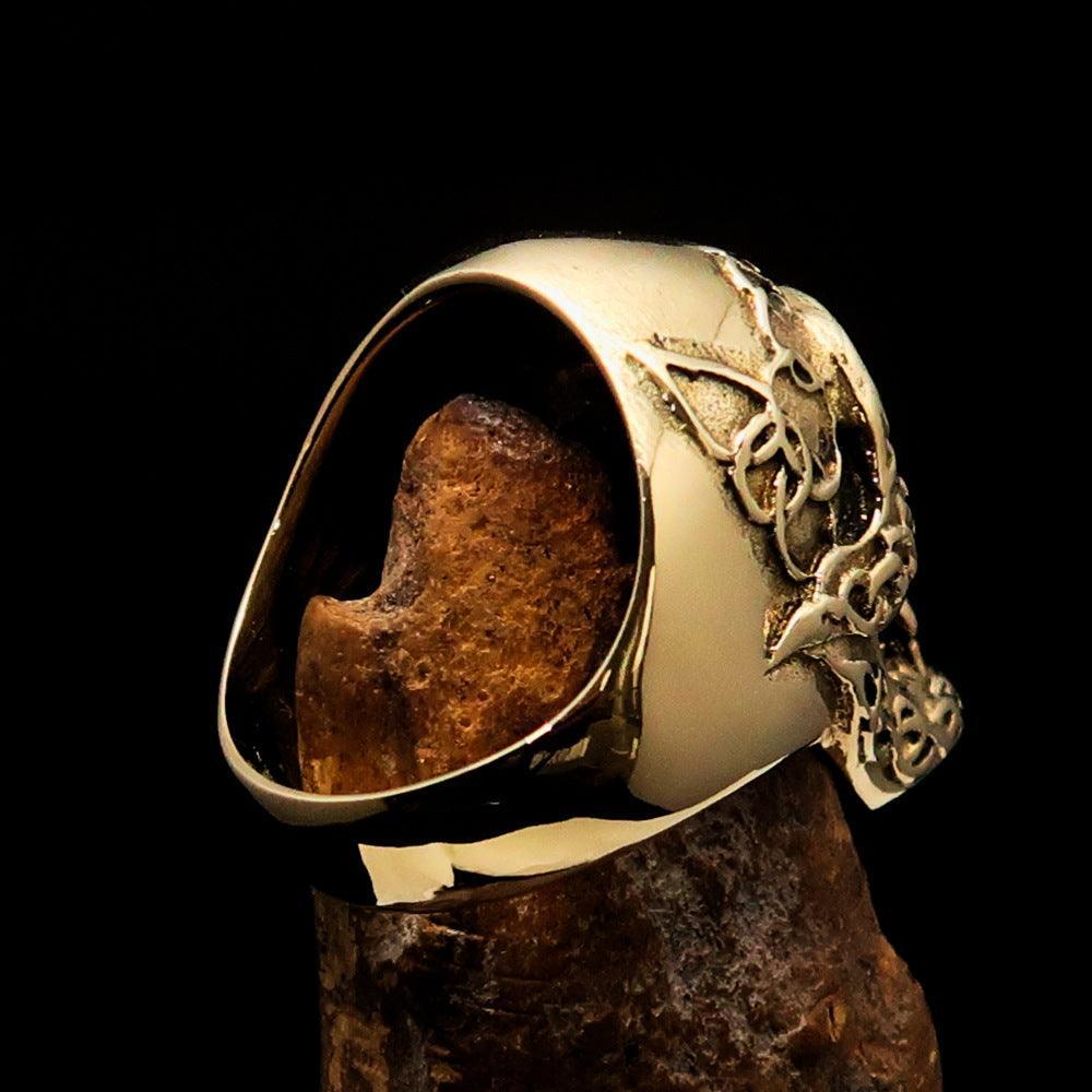 Excellent crafted Men's 1% Runes Skull Outlaw Biker Ring - antiqued Brass