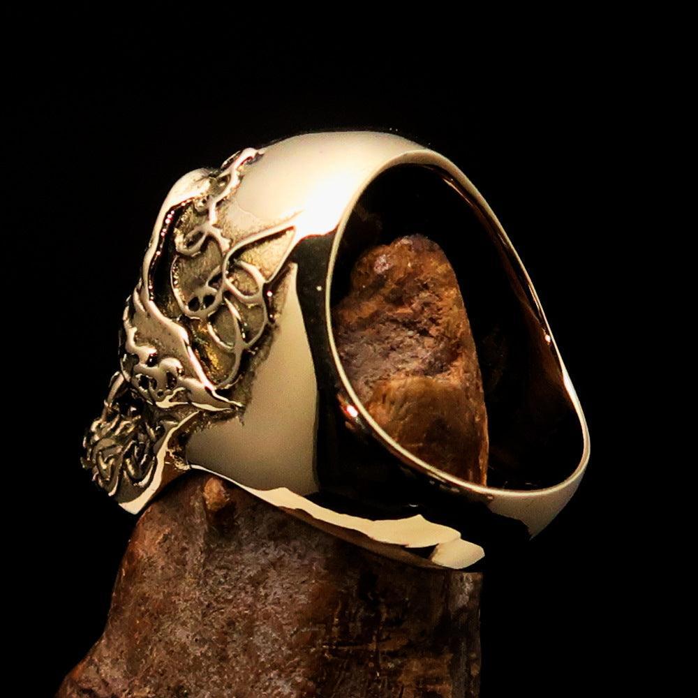 Excellent crafted Men's 1% Runes Skull Outlaw Biker Ring - antiqued Brass