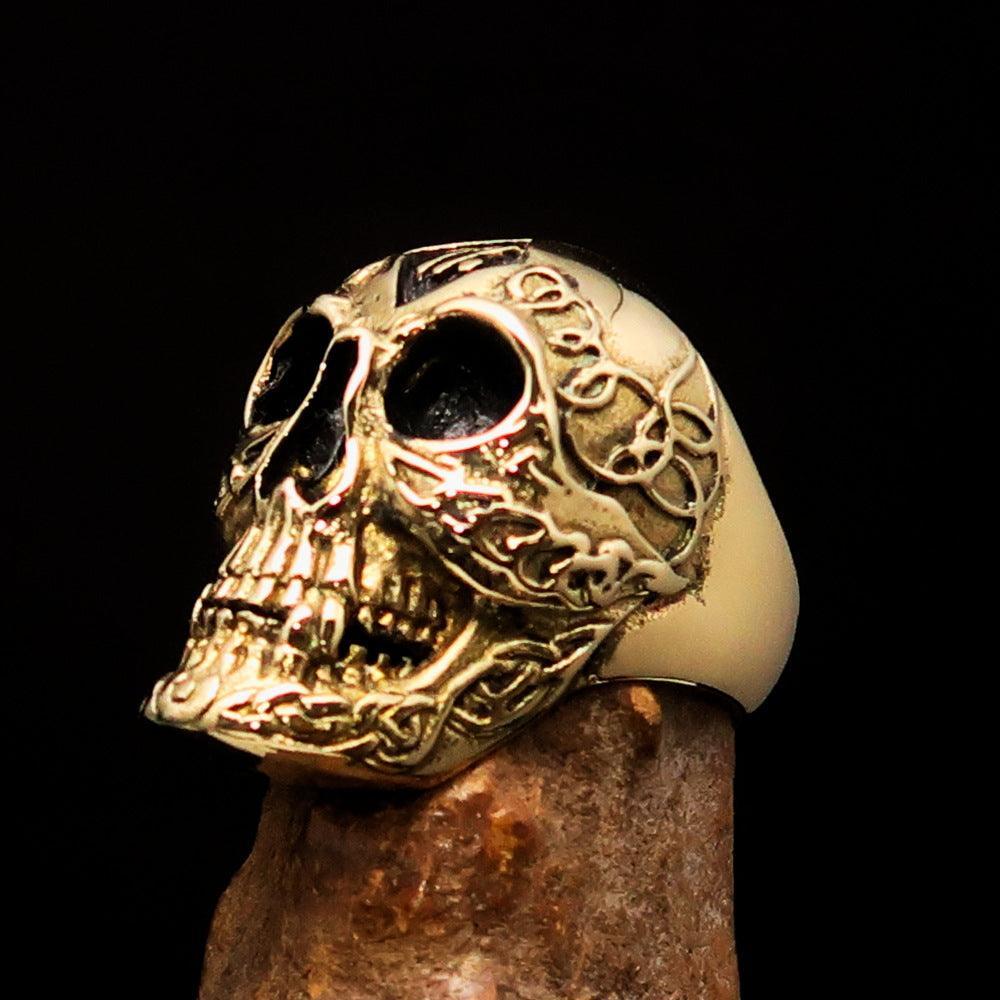 Excellent crafted Men's 1% Runes Skull Outlaw Biker Ring - antiqued Brass